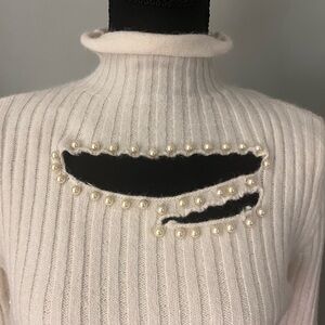 Stellah White Pearl-Embellished Turtleneck Sweater